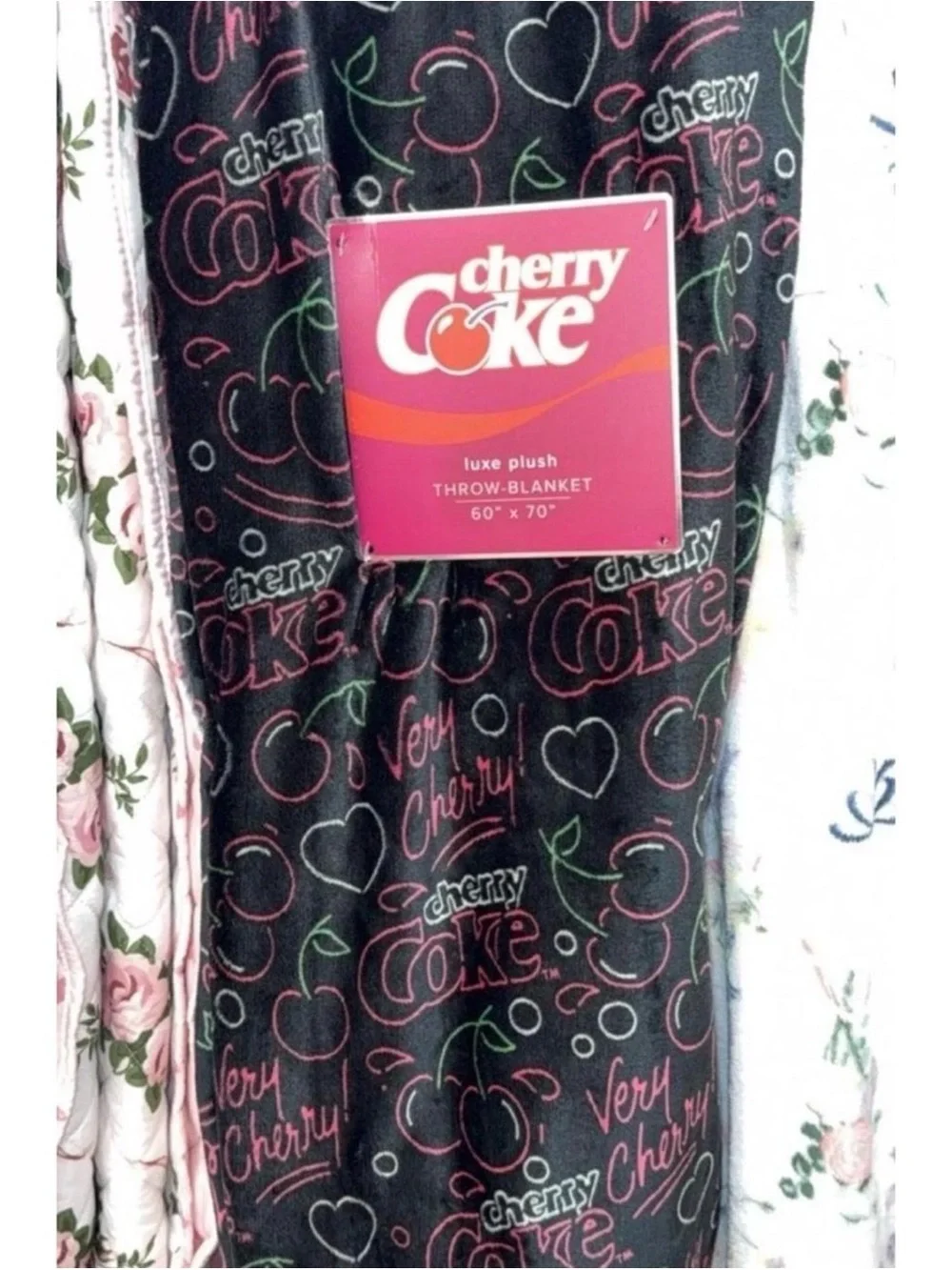 Cherry Coke Luxe Plush Throw Blanket - Black & Pink Cherry Print